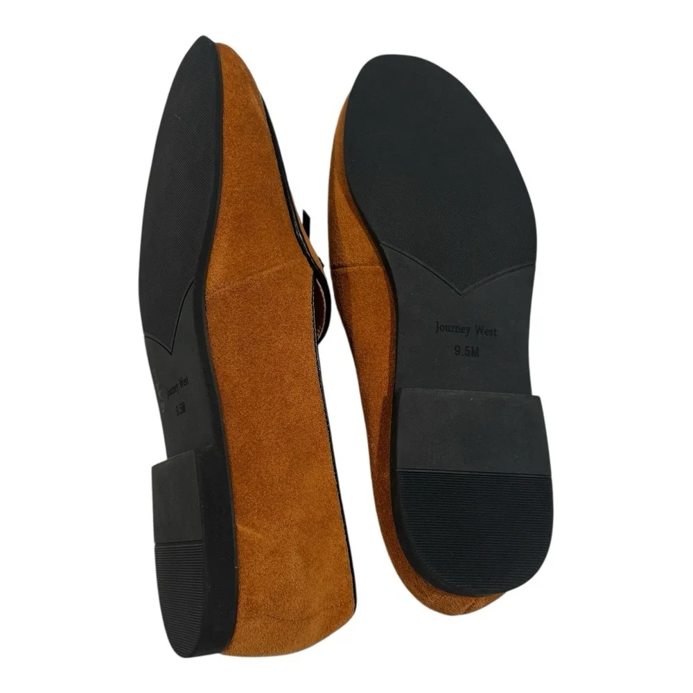 Journey West Men's 9.5M Suede Belgian Loafers Brown‎ Slip-On Bow Dress Shoes ECU